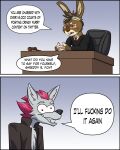  2021 anthro canid canine clothed clothing comic derp_eyes dialogue duo english_text eyewear fox goggles goggles_on_head hair hi_res jacket judge lagomorph leporid male mammal meme open_clothing open_jacket open_mouth open_smile open_topwear profanity rabbit shreddy_(shreddyfox) shreddyfox sitting smile text topwear 