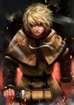  1boy blonde_hair blood brown_eyes clip_studio_paint_(medium) fur_trim highres knife looking_at_viewer male_focus sebijy short_hair solo_focus thorfinn viking vinland_saga weapon 