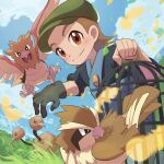  1boy bird bird_keeper_(pokemon) birdcage black_shirt blush brown_hair cage closed_mouth cloud commentary_request day doduo feathers from_below gen_1_pokemon gloves grass green_gloves green_headwear hat holding leaves_in_wind male_focus orange_eyes outdoors overalls pidgey pokemon pokemon_(game) pokemon_lgpe shirt single_glove sky sleeves_rolled_up smile spearow tom_(pixiv10026189) 