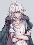  1boy amputee bangs coat coat_on_shoulders collarbone commentary_request crossed_arms danchu_(danchu0628) danganronpa_(series) danganronpa_2:_goodbye_despair green_coat grey_background grey_hair hair_between_eyes highres hood hooded_coat hooded_jacket jacket komaeda_nagito long_sleeves looking_at_viewer male_focus messy_hair open_clothes open_jacket print_shirt shirt short_hair simple_background smile solo upper_body white_shirt 