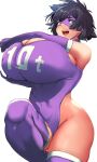  1girl bare_shoulders black_hair boku_no_hero_academia breasts elbow_gloves gloves green_eyes highres huge_breasts mask open_mouth pekoneko purple_gloves purple_legwear short_hair simple_background skindentation solo thick_thighs thighhighs thighs 