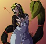  &lt;3 2021 anthro arachnid arthropod biped black_nose clothed clothing dogshenanigans ear_piercing ear_ring facial_piercing green_hair hair hi_res hyaenid mammal multiple_piercings nose_piercing nose_ring overalls piercing scorpion scorpion_tail septum_piercing simple_background standing 