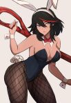  absurdres animal_ears black_hair black_leotard bow bowtie breasts bunny_ears bunny_tail cleavage fake_animal_ears fishnets highres kill_la_kill large_breasts leaning_forward leotard matoi_ryuuko multicolored_hair omiza_somi pantyhose playboy_bunny scissor_blade simple_background tagme tail 