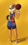  abstract_background ball basketball_(ball) basketball_uniform blonde_hair blue_eyes clothing female feretta flat_chested fur hair hi_res lagomorph leporid lola_bunny looking_at_viewer looney_tunes mammal rabbit smile sportswear tan_body tan_fur uniform warner_brothers 