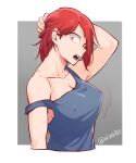  1girl arm_behind_head arm_up bangs bare_arms bare_shoulders boku_no_hero_academia breasts cleavage collarbone commentary_request covered_nipples cropped_torso from_side grey_background kirishima_eijirou large_breasts off_shoulder open_mouth red_eyes red_hair sharp_teeth solo spiked_hair strap_slip tank_top teeth tonomayo twitter_username white_background 