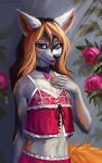  &lt;3 2021 anthro black_collar black_nose blue_eyes canid canine canis clothed clothing collar collar_tag female flower isha_bingham mammal plant sleepyhelen solo standing wolf 