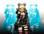  1girl bullpup choker coat double_bun gas_mask girls_frontline gun highres hologram light_brown_hair open_mouth p90 p90_(girls_frontline) red_eyes santansoo short_hair skindentation smile submachine_gun thigh_strap weapon 