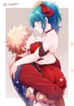  1boy 1girl bakugou_katsuki bangs bare_shoulders between_breasts black_choker black_vest blonde_hair boku_no_hero_academia breasts choker commentary_request dress frilled_dress frills from_side genderswap genderswap_(mtf) gradient gradient_background green_hair hair_ornament hair_ribbon head_between_breasts hetero highres holding_another hug large_breasts lifting_another long_sleeves looking_at_another looking_down looking_up midoriya_izuku open_mouth ponytail red_dress red_shirt ribbon shirt short_hair sparkle sparkle_background striped striped_dress tonomayo twitter_username upper_body vest 