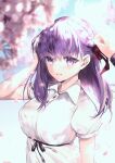  1girl bangs black_ribbon blurry blurry_foreground breasts commentary_request dress eyebrows_visible_through_hair fate/stay_night fate_(series) hair_ribbon hane_yuki highres large_breasts long_hair looking_at_viewer matou_sakura purple_eyes purple_hair red_ribbon ribbon smile solo_focus 