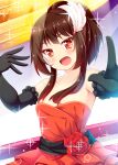  1girl alternate_costume alternate_hairstyle bare_shoulders blush brown_hair dress elbow_gloves feathers flower gloves hair_feathers kono_subarashii_sekai_ni_shukufuku_wo! megumin open_mouth red_eyes rose short_hair smile solo tekehiro 