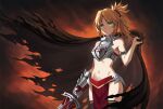  1girl armor bangs bare_shoulders black_legwear blonde_hair braid breastplate breasts brown_cape cape clarent_(fate) fate/apocrypha fate_(series) faulds french_braid green_eyes grin hair_ornament hair_scrunchie highres long_hair looking_at_viewer mordred_(fate) mordred_(fate)_(all) navel parted_bangs pelvic_curtain ponytail scrunchie sidelocks small_breasts smile sword thighhighs thighs tonee weapon 