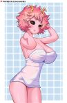  1girl ahnei ashido_mina black_sclera blush boku_no_hero_academia breasts colored_sclera colored_skin highres horns large_breasts looking_at_viewer patreon_username pink_hair pink_skin shiny shiny_hair shiny_skin short_hair simple_background solo yellow_eyes 