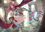  1girl absurdres armor armored_boots ass bangs blue_eyes boots breasts cape character_request cleavage copyright_request eyes_visible_through_hair gauntlets highres holding holding_scepter holding_weapon large_breasts long_hair looking_at_viewer outdoors parted_bangs pink_hair pleated_skirt pointy_ears red_cape scepter skirt solo vardan weapon white_skirt 