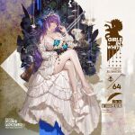  1girl bare_legs bird bouquet braid breasts bug butterfly cleavage detached_sleeves dress eyebrows_visible_through_hair flower full_body girls_frontline gun high_heels highres huge_breasts insect jewelry long_hair necklace off-shoulder_dress off_shoulder official_art owl parted_lips purple_hair red_eyes sidelocks single_braid sitting solo thighs very_long_hair weapon white_dress whoisshe zb-26_(girls_frontline) 