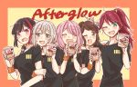  5girls :d absurdres afterglow_(bang_dream!) alternate_hairstyle aoba_moca bang_dream! black_hair blush brown_hair cup_ramen fang green_eyes grey_hair hazawa_tsugumi highres low_twintails mitake_ran multicolored_hair multiple_girls one_eye_closed open_mouth pink_hair red_eyes red_hair short_ponytail smile streaked_hair sweatdrop twintails udagawa_tomoe uehara_himari upper_body wristband zawameki 