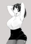  1girl absurdres anko_(nia) armpits arms_up black_hair black_skirt borrowed_character collared_shirt grey_background greyscale highres ibnu_rusydi long_hair looking_at_viewer monochrome office_lady original pencil_skirt shirt simple_background skirt smile solo white_shirt 