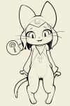 2021 2:3 ? anthro black_and_white bottomless capcom character_request clothed clothing felid felyne female front_view full-length_portrait genitals hi_res hood itsunknownanon line_art lynian mammal monochrome monster_hunter monster_hunter_stories portrait pussy solo speech_bubble tsukino_(monster_hunter_stories) video_games whiskers 
