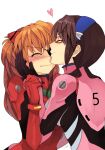  2girls asylum blush bodysuit brown_hair closed_eyes commentary_request evangelion:_3.0_you_can_(not)_redo eyepatch facing_another hand_on_another&#039;s_cheek hand_on_another&#039;s_face heart kiss long_hair makinami_mari_illustrious multiple_girls neon_genesis_evangelion orange_hair pink_bodysuit plugsuit rebuild_of_evangelion red-framed_eyewear red_bodysuit souryuu_asuka_langley white_background yuri 