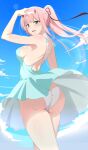  1girl absurdres ass bangs blue_dress blue_sky blush breasts cloud commentary_request darling_in_the_franxx day dress dress_lift eyebrows_visible_through_hair fangs from_behind green_eyes hair_ribbon hairband hand_on_own_head highres horns lens_flare lizta long_hair looking_at_viewer looking_back medium_breasts oni_horns open_mouth outdoors panties pink_hair ponytail red_horns red_ribbon ribbon sideboob sky solo standing underwear white_hairband white_panties wind wind_lift zero_two_(darling_in_the_franxx) 