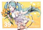 1girl 39 aqua_eyes aqua_hair black_gloves cherico commentary_request cowboy_shot dress flower gloves hatsune_miku headphones highres long_hair looking_at_viewer open_mouth short_dress smile tulip twintails vocaloid white_dress yellow_flower 