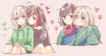  2girls :3 absurdres aoba_moca bang_dream! black_hair blush bob_cut cheek-to-cheek green_eyes grey_hair heart highres hood hooded_sweater hug hug_from_behind mitake_ran multicolored_hair multiple_girls red_eyes red_hair short_hair sitting sketch streaked_hair sweater yuri zawameki 