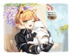  1girl animal_ear_fluff animal_ears arknights blonde_hair cat cat_ears cat_tail fingerless_gloves gloves holding mousse_(arknights) one_eye_closed short_hair sky solo spacelongcat tail uniform 