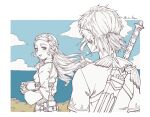  1boy 1girl bangs blue_sky blush braid cloud cloudy_sky collar commentary_request earrings framed from_behind gloves greyscale hair_ornament hairclip holding jewelry link long_hair long_sleeves looking_at_another looking_back master_sword medium_hair monochrome ocean open_mouth outdoors parted_bangs pointy_ears pouch princess_zelda saiba_(henrietta) sheath sheathed shirt short_ponytail sidelocks sky smile spot_color standing sword sword_behind_back the_legend_of_zelda the_legend_of_zelda:_breath_of_the_wild thick_eyebrows twitter_username upper_body weapon weapon_on_back wind 