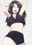  1girl absurdres alternate_costume alternate_hairstyle annoyed apex_legends armpits arms_behind_head black_hair blue_eyes breasts cleavage grey_background highres long_hair looking_down mashiro_(rikuya) medium_breasts open_mouth short_shorts shorts sketch solo sports_bra wraith_(apex_legends) 