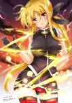  1girl ahoge artist_name black_gloves black_legwear black_panties blonde_hair blush breasts dated eyebrows_visible_through_hair fate_testarossa gloves hair_between_eyes hair_ribbon head_tilt large_breasts long_hair looking_at_viewer low_twintails lyrical_nanoha mahou_senki_lyrical_nanoha_force miniskirt panties red_eyes ribbon san-pon sidelocks skirt sleeveless solo thighhighs twintails underwear very_long_hair 