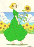  1girl ? alternate_costume bangs blonde_hair blue_sky braid breasts closed_mouth cloud cloudy_sky collared_dress commentary_request day dress flower framed from_behind green_dress green_eyes hair_ornament holding holding_flower long_dress looking_at_viewer looking_back parted_bangs pointy_ears princess_zelda puffy_short_sleeves puffy_sleeves saiba_(henrietta) sandals short_hair short_sleeves sky solo standing sunflower the_legend_of_zelda the_legend_of_zelda:_breath_of_the_wild twitter_username x_hair_ornament 