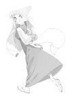  2021 anthro aruurara canid canine cheek_tuft clothed clothing disney dress facial_tuft female fox fully_clothed fur hi_res looking_at_viewer looking_back looking_back_at_viewer maid_marian mammal monochrome robin_hood_(disney) simple_background smile solo tuft walking white_background 