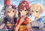  3girls :o alternate_hairstyle anastasia_(idolmaster) aqua_eyes bangs black_gloves black_ribbon blue_eyes blue_kimono brown_hair closed_mouth earrings eyebrows_visible_through_hair floating_hair floral_print flower gloves hair_between_eyes hair_flower hair_ornament hair_ribbon ichinose_shiki idolmaster idolmaster_cinderella_girls japanese_clothes jewelry kanzaki_ranko kimono kurotea long_hair long_sleeves looking_at_viewer multiple_girls obi open_mouth print_kimono purple_flower purple_kimono red_eyes red_kimono ribbon sash shiny shiny_hair silver_hair smile tied_hair twintails upper_body yukata 