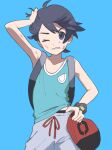  1boy aoaomzir backpack bag bangs bare_arms black_hair blue_background blue_eyes elio_(pokemon) green_tank_top grey_shorts hand_on_own_head hat highres holding holding_clothes holding_hat male_focus one_eye_closed parted_lips pokemon pokemon_(game) pokemon_usum scrape short_hair shorts simple_background solo sweatdrop tank_top z-ring 