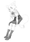  2021 anthro aruurara bottomwear canid canine cheek_tuft clothed clothing disney facial_tuft female fox fully_clothed fur hi_res maid_marian mammal monochrome robin_hood_(disney) simple_background sitting skirt smile solo tuft white_background 