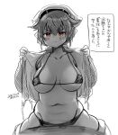  1girl bikini breasts collarbone greyscale hair_flaps hair_ornament jingei_(kancolle) kantai_collection kirisawa_juuzou large_breasts low_ponytail monochrome navel open_clothes open_shirt partially_colored red_eyes solo_focus spot_color straddling swimsuit thighhighs whale_hair_ornament 