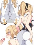  1girl ass back bangs belt blonde_hair blush bow breasts crotch detached_collar erection genshin_impact hair_bow highres jean_gunnhildr_(genshin_impact) kumasteam large_breasts long_hair multiple_views pants penis ponytail sidelocks squatting thighs tight tight_pants white_pants 