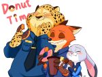  4:3 benjamin_clawhauser blush canid canine cheetah clothed clothing cup dessert dipstick_ears disney doughnut eating english_text eyes_closed felid feline female food fox fur grey_body grey_fur hi_res holding_cup holding_food holding_object judy_hopps lagomorph leporid male mammal multicolored_ears necktie nick_wilde orange_body orange_fur police_uniform rabbit red_fox samumu1129 shirt signature simple_background smile spots spotted_body spotted_fur text topwear trio uniform white_background yellow_body yellow_fur zootopia 