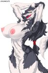  2021 accessory anthro areola armpit_hair big_breasts body_hair breasts claws crotch_tuft female fingers fluffy fluffy_tail fur grey_body grey_fur grey_hair hair hair_accessory hair_tie hand_behind_head hi_res huge_breasts kemono lemonbizate_(artist) long_hair looking_at_viewer mammal nipples nude open_mouth portrait pupils raised_arm sergal sharp_teeth signature simple_background slit_pupils snout solo teeth three-quarter_portrait tongue tongue_out tuft white_background white_body white_fur 