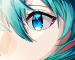  1girl aqua_hair blue_eyes close-up commentary_request eyelashes eyes face facing_viewer glitter glowing glowing_eye hair_between_eyes hatsune_miku highres light long_hair looking_afar shaded_face sidelighting solo symbol_in_eye t_maguo tareme upper_body vocaloid 