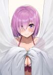  1girl ayul_(ayulneri_92) bangs bare_shoulders bikini blush breasts cleavage collarbone curtains eyebrows_visible_through_hair fate/grand_order fate_(series) hair_between_eyes hair_over_one_eye halter_top halterneck highres large_breasts light_purple_hair looking_at_viewer mash_kyrielight purple_eyes shiny shiny_hair smile solo sweatdrop swimsuit white_bikini 