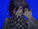  1boy bangs blue_background checkered checkered_neckwear checkered_scarf danganronpa_(series) danganronpa_v3:_killing_harmony eyebrows_visible_through_hair fang hair_between_eyes highres joh_pierrot long_sleeves male_focus mouth_pull ouma_kokichi purple_eyes purple_hair scarf signature simple_background solo straitjacket upper_body 