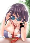  1girl adjusting_eyewear ariake_(kancolle) between_breasts bikini black_wristband blue_eyes breasts cleavage collarbone dated hand_on_own_cheek hand_on_own_face kantai_collection large_breasts long_hair looking_at_viewer matsuura@parao necktie necktie_between_breasts purple_bikini purple_hair red_neckwear solo sunglasses swimsuit 