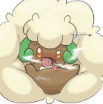  &lt;3 &lt;3_censor amber_eyes blush bodily_fluids censored female genital_fluids genitals hi_res lying nintendo open_mouth poi_(artist) pok&eacute;mon pok&eacute;mon_(species) pussy pussy_juice saliva simple_background solo spread_legs spreading tongue tongue_out video_games whimsicott white_background 