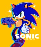  2020 anthro biped blue_body blue_fur clothing digital_media_(artwork) english_text eulipotyphlan footwear fur gesture gloves green_eyes hand_on_hip handwear hedgehog male mammal marcus_larry red_clothing red_footwear red_shoes shoes simple_background smile solo sonic_the_hedgehog sonic_the_hedgehog_(series) sparkles standing text thumbs_down white_clothing white_gloves yellow_background 