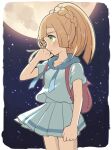  1girl aoaomzir backpack bag blonde_hair blush border braid clenched_hand closed_mouth collarbone eyelashes green_eyes hand_up lillie_(pokemon) long_hair moon outline outside_border pleated_skirt pokemon pokemon_(game) pokemon_sm purple_bag shirt short_sleeves skirt solo white_border 