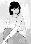  1girl bangs black_hair breasts dappled_sunlight grey_skirt greyscale highres ibnu_rusydi large_breasts long_sleeves looking_at_viewer mba_din monochrome original shadow shirt short_hair sitting skirt smile solo sunlight tree white_shirt 