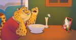  2021 anthro benjamin_clawhauser bowl cheetah cutlery detailed_background disney eating felid feline flower fur furniture hi_res holding_spoon kitchen_utensils mammal nemonutkin photo plant sitting solo spoon spots spotted_body spotted_fur table tools yellow_body yellow_fur zootopia 