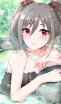  1girl absurdres bathing black_towel breasts cleavage collarbone commentary_request drill_hair hair_between_eyes highres idolmaster idolmaster_cinderella_girls kanzaki_ranko looking_at_viewer medium_breasts naked_towel onsen partially_submerged popon_ta red_eyes silver_hair smile solo towel twin_drills twintails 