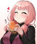  1girl :i ^_^ absurdres bang_dream! bangs black_sweater blunt_bangs blush breasts carmen_(user_fyvs3542) check_commentary closed_eyes closed_mouth commentary_request dress eating eyebrows_visible_through_hair food food_on_face foodgasm gradient gradient_background hamburger heart highres holding holding_food jewelry large_breasts long_sleeves low_twintails necklace pink_background pink_hair plaid plaid_dress purple_dress sidelocks smile solo sweater taut_sweater twintails uehara_himari upper_body 