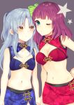  2girls angel_beats! aqua_eyes blue_bra blue_skirt bra breasts cleavage collarbone grey_background holding_hands kurotea long_hair medium_breasts miniskirt multiple_girls navel one_eye_closed parted_lips print_skirt purple_hair red_bra red_skirt shiny shiny_hair side_slit silver_hair skirt small_breasts standing star_(symbol) tenshi_(angel_beats!) underwear yellow_eyes yuri_(angel_beats!) 